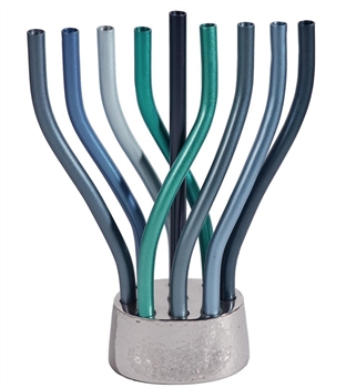 Rotating Menorah in Blues with Hammered Base by Emanuel