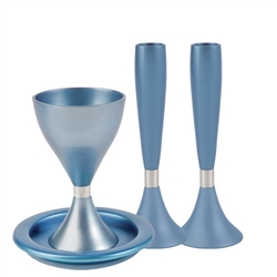 Anodized Aluminum Kiddush Cup w/Plate  and Candlesticks- Blue by Emanuel