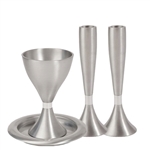 Anodized Aluminum Kiddush Cup w/Plate  and Candlesticks- Silver by Emanuel