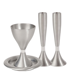 Anodized Aluminum Kiddush Cup w/Plate  and Candlesticks- Silver by Emanuel