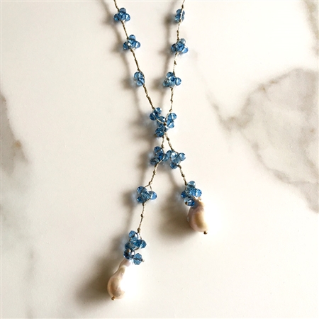 Mela Blue Czech Crystals White Baroque Pearls Necklace