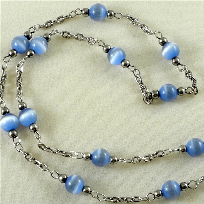 Bead Chain, Blue Cats Eye with Silver-Oxide, 12" length