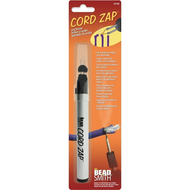 Cord Zap is a heavy-duty cord and thread burner - it will cut and cauterize synthetic threads and macrame' cord. Two AA batteries (not included) required.