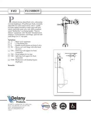 Delany F452-T42 Flush Boy Urinal Flush Valve 4.0 GPF