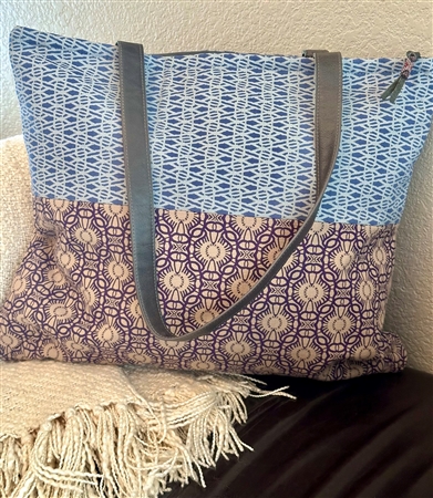 Tote with Leather Handle - Blue/Gray
