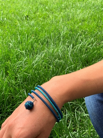 Spiral Color block Bracelet with woven beaded ball - Deep Ocean