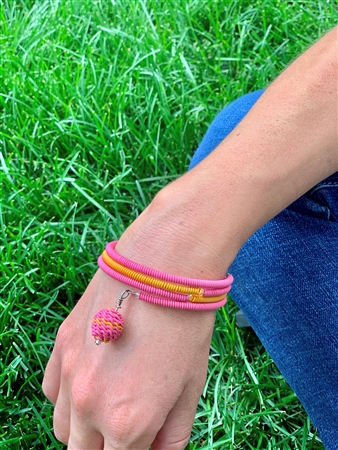 Spiral Color block Bracelet with woven beaded ball - Honey Suckle