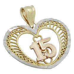 14KTDCP1027 - 14KT Gold 15 AÃ±os QuinceÃ±era Filigree Heart Pendant 22mm