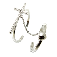 Sterling Silver Cross Chain Heart Ring-CR010