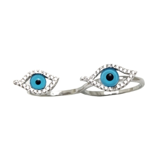 Sterling Silver Evil Eye CZ Two Finger Ladies Ring-CR050