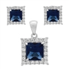 CZSS1001-SA Sterling Silver Blue Sapphire CZ Square Pendant Earrings Set