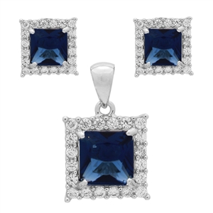 CZSS1001-SA Sterling Silver Blue Sapphire CZ Square Pendant Earrings Set