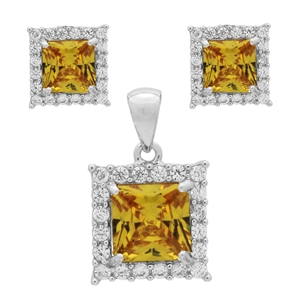 CZSS1001-YL Sterling Silver Yellow CZ Square Pendant Earrings Set