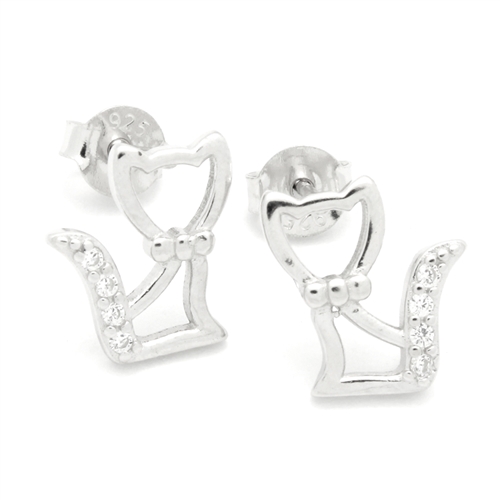 MCER1079 - Silver CZ Cut-Out Cat Stud Earrings