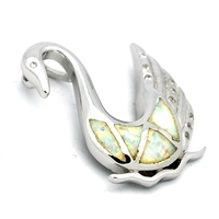OPP1002-W Silver White Opal Swan Pendant 32mm