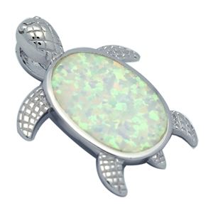 OPP1003-W Silver White Opal Turtle Pendant 28mm