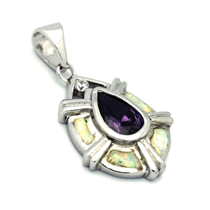 OPP1012-WP Silver White Opal Purple CZ Teardrop Pendant 22mm