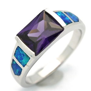 OPR1003-BPU Silver Blue Opal with Purple CZ Ring