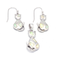 OPS1002-W Silver White Opal Cat Pendant earrings Set