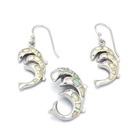 OPS1004-W Silver White Opal Dolphin Pendant earrings Set