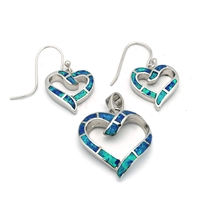 OPS1006-B Silver Blue Opal Heart Pendant Earrings Set