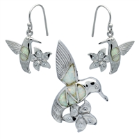 OPS1008-W Silver White Opal Humming bird Pendant Earrings Set