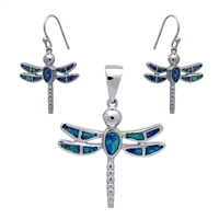 OPS1009-B Silver Blue Opal Dragonfly Pendant Earrings Set
