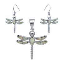 OPS1009-W Silver White Opal Dragonfly Pendant Earrings Set