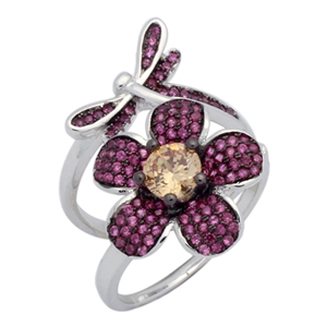 Silver CZ Ring - Flower and Dragonfly Movable Ring - Ruby