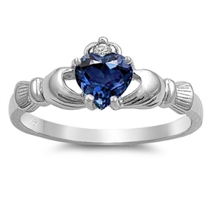 Silver CZ Ring - Claddagh - Blue Sapphire - 9mm