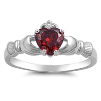 Silver CZ Ring - Claddagh - Garnet -9mm