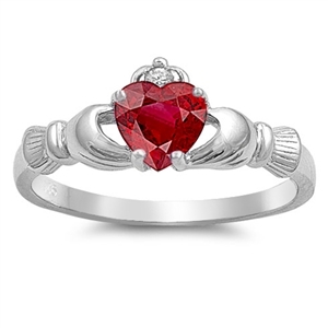 Silver CZ Ring - Claddagh - Ruby - 9mm