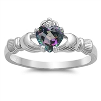 Silver CZ Ring - Claddagh - Rainbow Topaz - 9mm