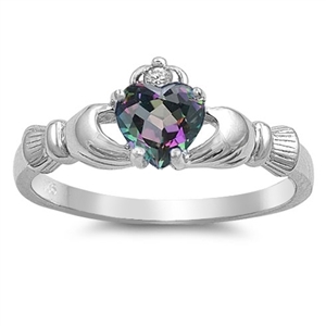 Silver CZ Ring - Claddagh - Rainbow Topaz - 9mm
