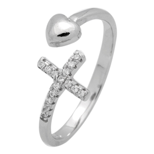 RCZ104064- Sterling Silver CZ Cross Heart Open Cuff Ring