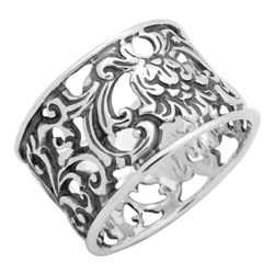 RPS1119 - Sterling Silver Filigree Flower Wide Band Ring