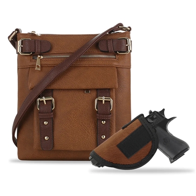 Concealed Carry Lock and Key Crossbody Handbag: Brown
