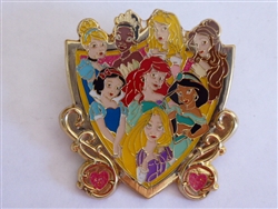 Disney Trading Pin 94268: Storybook Princess - Princess Shield - Cinderella, Tiana, Aurora, Belle, Snow White, Ariel, Jasmine & Rapunzel