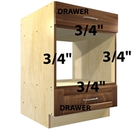 Base appliance case with top drawer, appliance opening, and bottom drawer
