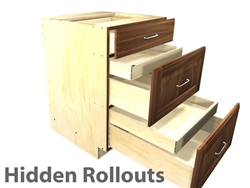 3 drawer base cabinet with 2 hidden rollouts above the lower drawer boxes