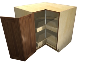 90 degree base cabinet with wood lazy susan