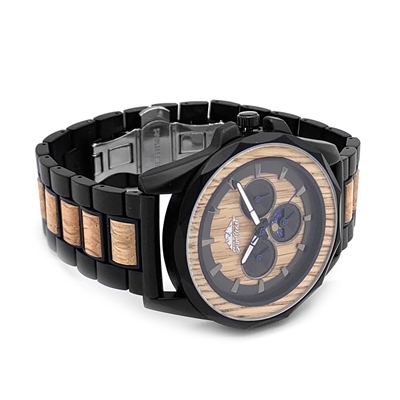 Black Stainless Steel and Whiskey Barrel Wood Watch with Round Steel/Wood Dial and Day/Night Indicator by SunCoast
