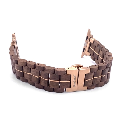 Walnut Wood 42-44mm Apple Watch band with Rose Gold Color Stainless Steel Accents by SunCoast