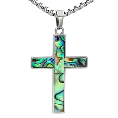 STEEL REVOLTâ„¢ Stainless Steel Cross Necklace with  Abalone Shell