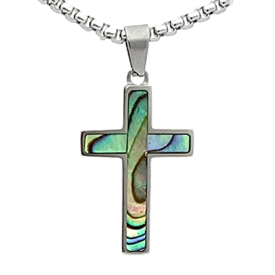 STEEL REVOLTâ„¢ Stainless Steel Cross Necklace with  Abalone Shell
