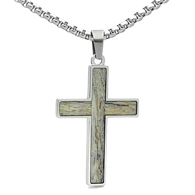 STEEL REVOLTâ„¢ Stainless Steel Cross Necklace with Genuine Antler