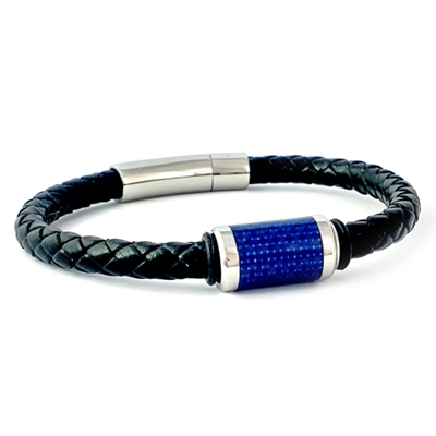 STEEL REVOLTâ„¢ Genuine Leather Bracelet with Blue Carbon Fiber Inlay