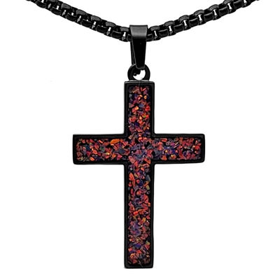 STEEL REVOLTâ„¢Black Stainless Steel Cross Necklace with Crushed Opal