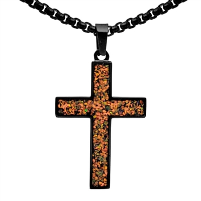 STEEL REVOLTâ„¢Black Stainless Steel Cross Necklace with Crushed Opal