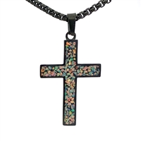 STEEL REVOLTâ„¢Black Stainless Steel Cross Necklace with Crushed Opal